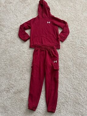 Under Armour Youth Small Fleece Hoodie Cargo Jogger Set Maroon 2 Piece Outfit